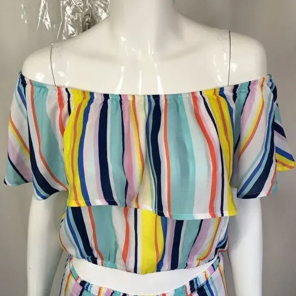 Nanette Lepore Amalfi Coast Striped Off The Shoulder Crop Top Shorts Set M / L